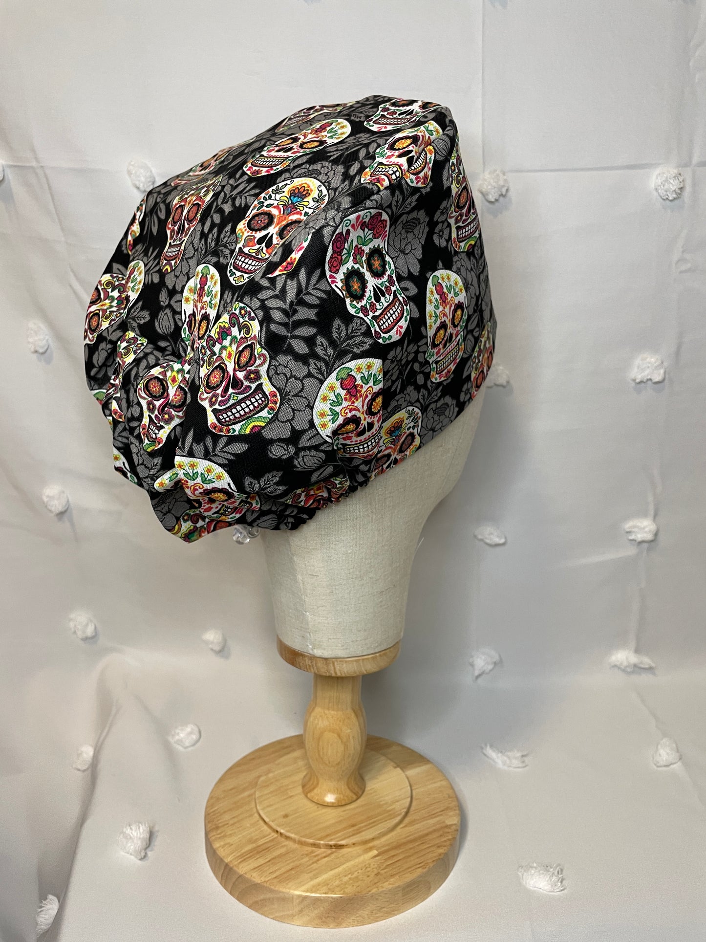 Sugar Skulls on Black Scrub Cap - Satin Lining Available - Multiple Styles
