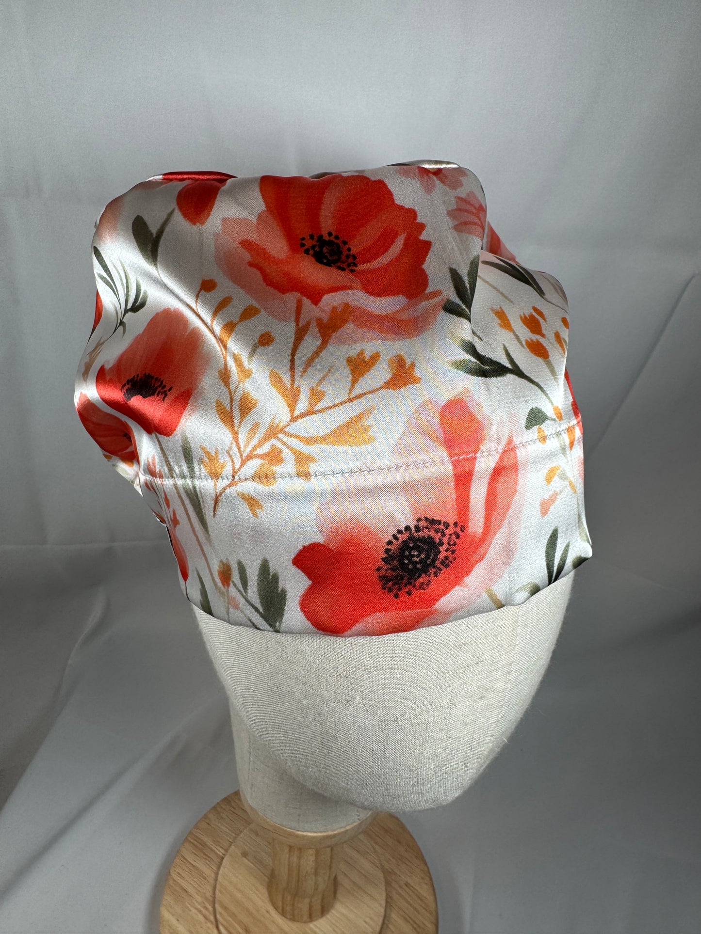 Poppies on White Silky Satin Charmeuse Scrub Cap - European Style