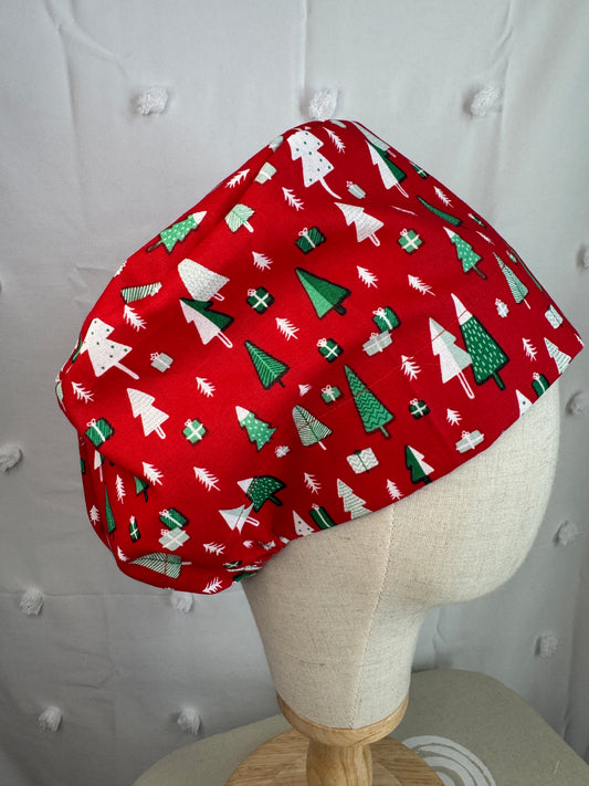 Christmas Trees on Red Scrub Cap - Satin Lining Available - Multiple Styles