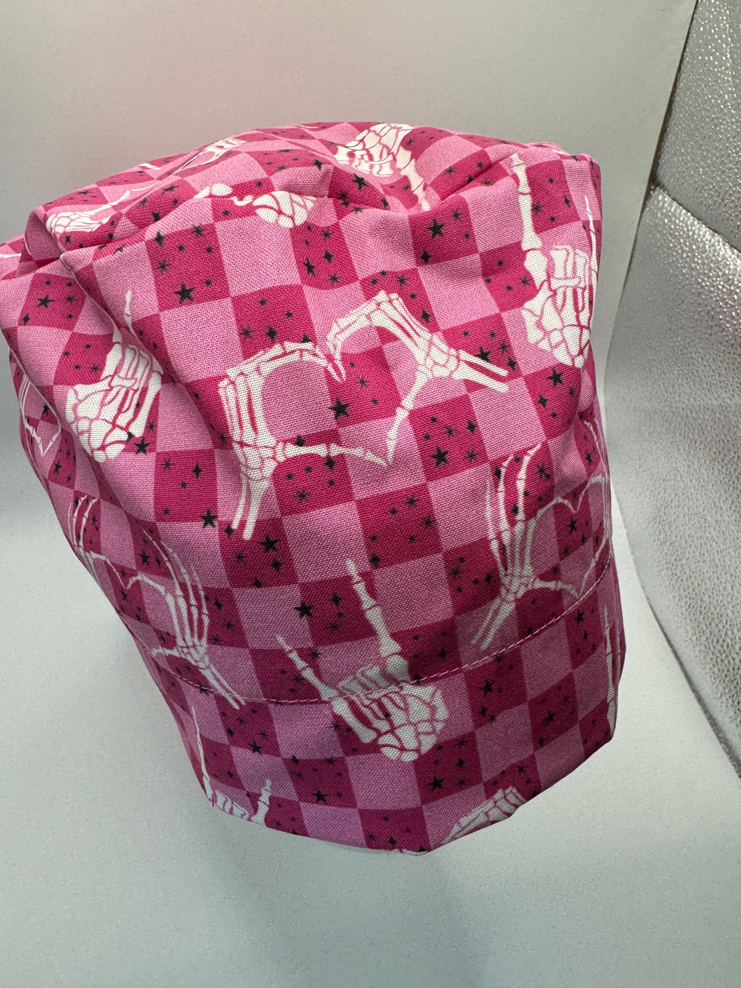 Pink Checkered Skeleton Hands Scrub Cap - Satin Lining Available - Multiple Styles
