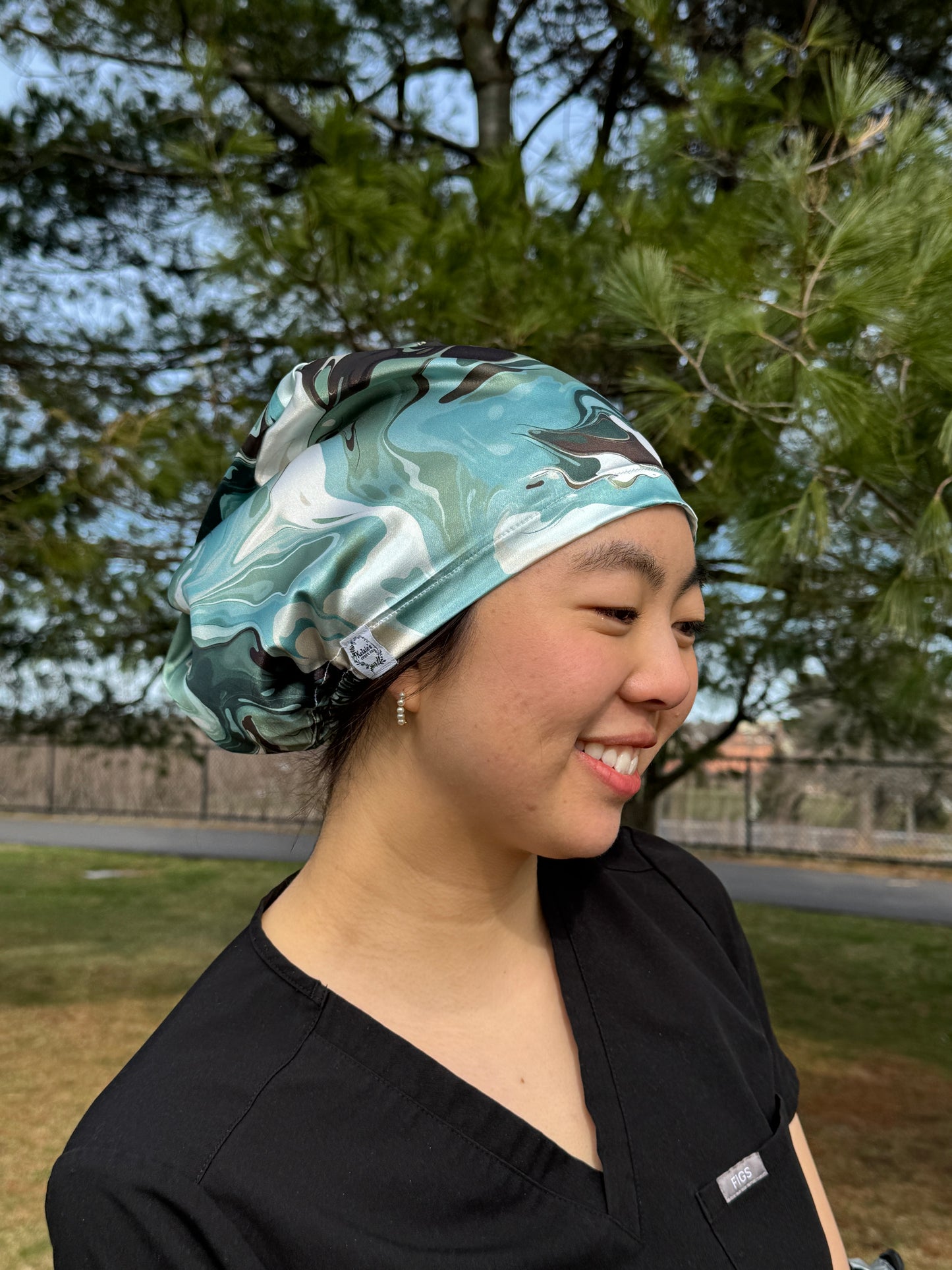 Green Oil Silky Satin Charmeuse Scrub Cap - European Style