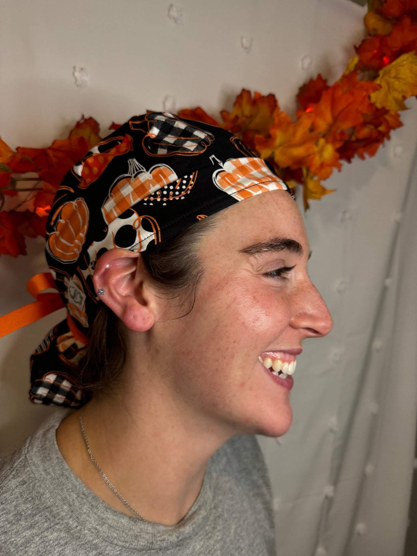 Patchwork Pumpkins On Black Scrub Cap - Satin Lining Available - Multiple Styles