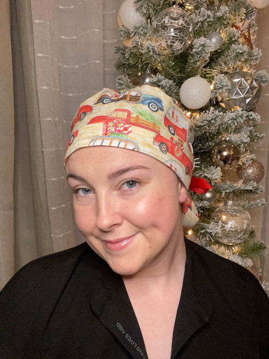 Holiday Trucks Scrub Cap - Pony Tail Style
