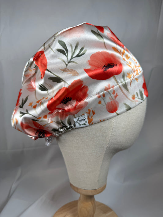 Poppies on White Silky Satin Charmeuse Scrub Cap - European Style