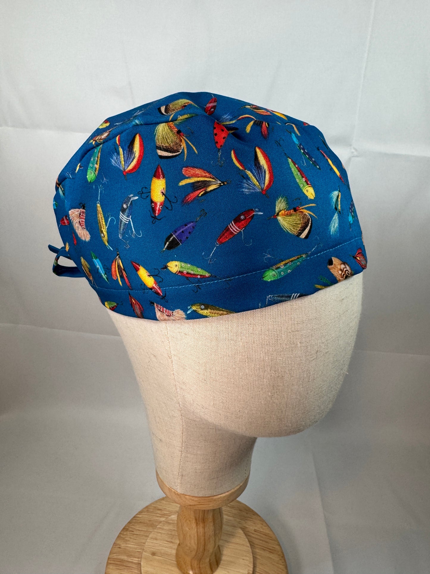 Fishing Lures Blue Scrub Cap - Satin Lining Available - Multiple Styles