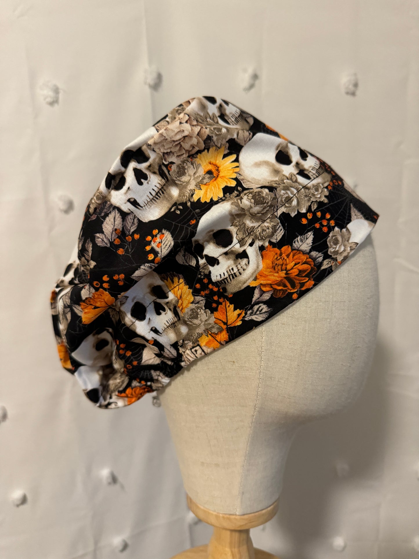 Orange & Black Skulls & Floral Scrub Cap - Satin Lining Available - Multiple Styles