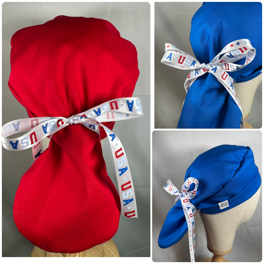 USA Ribbon Pony Tail Scrub Cap in Red or Blue Fabric - Satin Lining Available