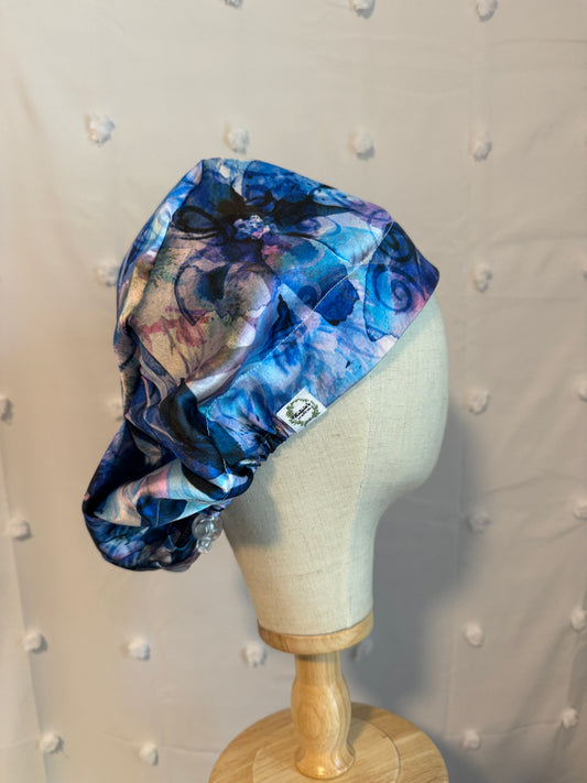 Blue Floral Silky Satin Scrub Cap - European Style