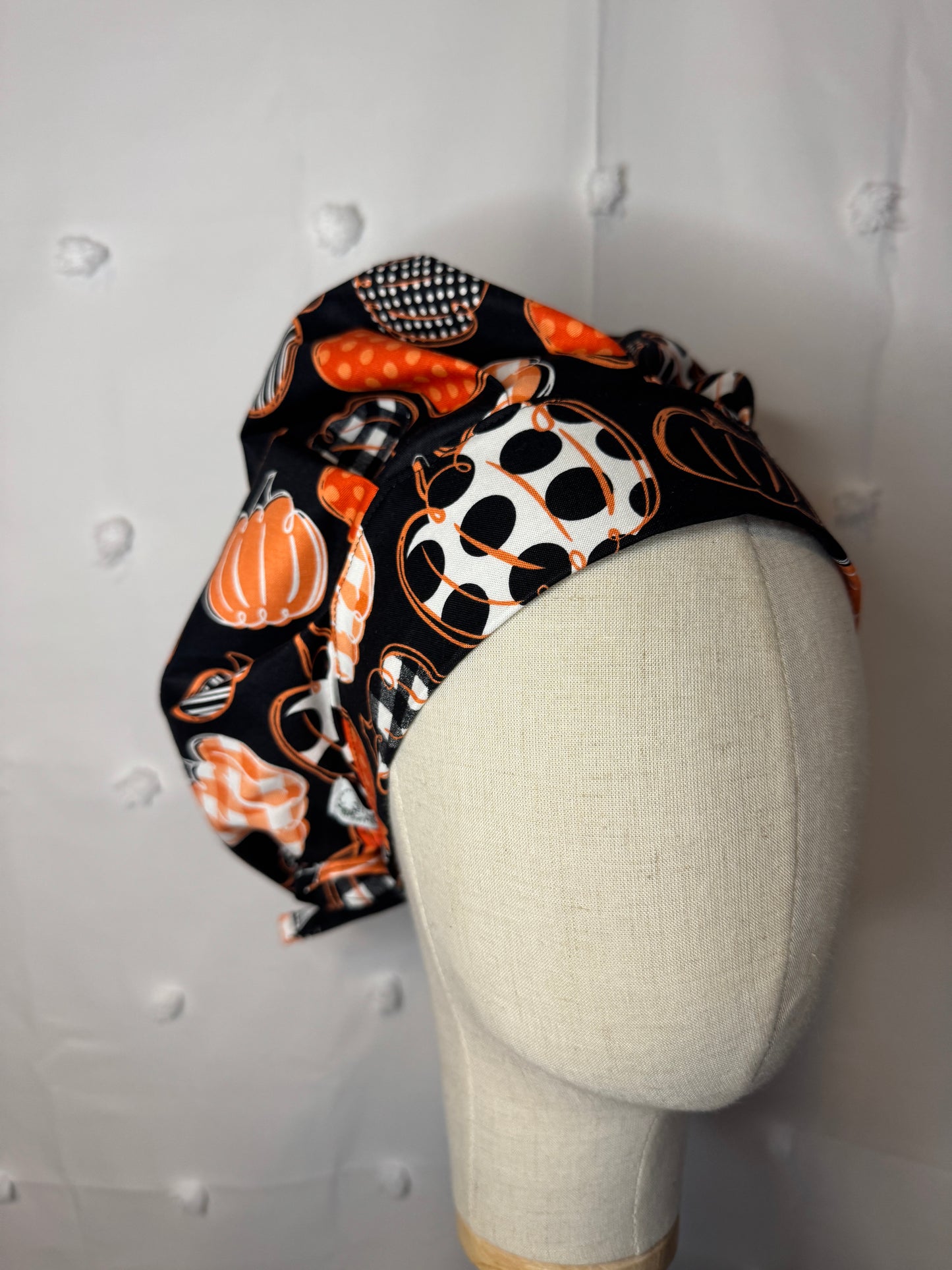 Patchwork Pumpkins On Black Scrub Cap - Satin Lining Available - Multiple Styles