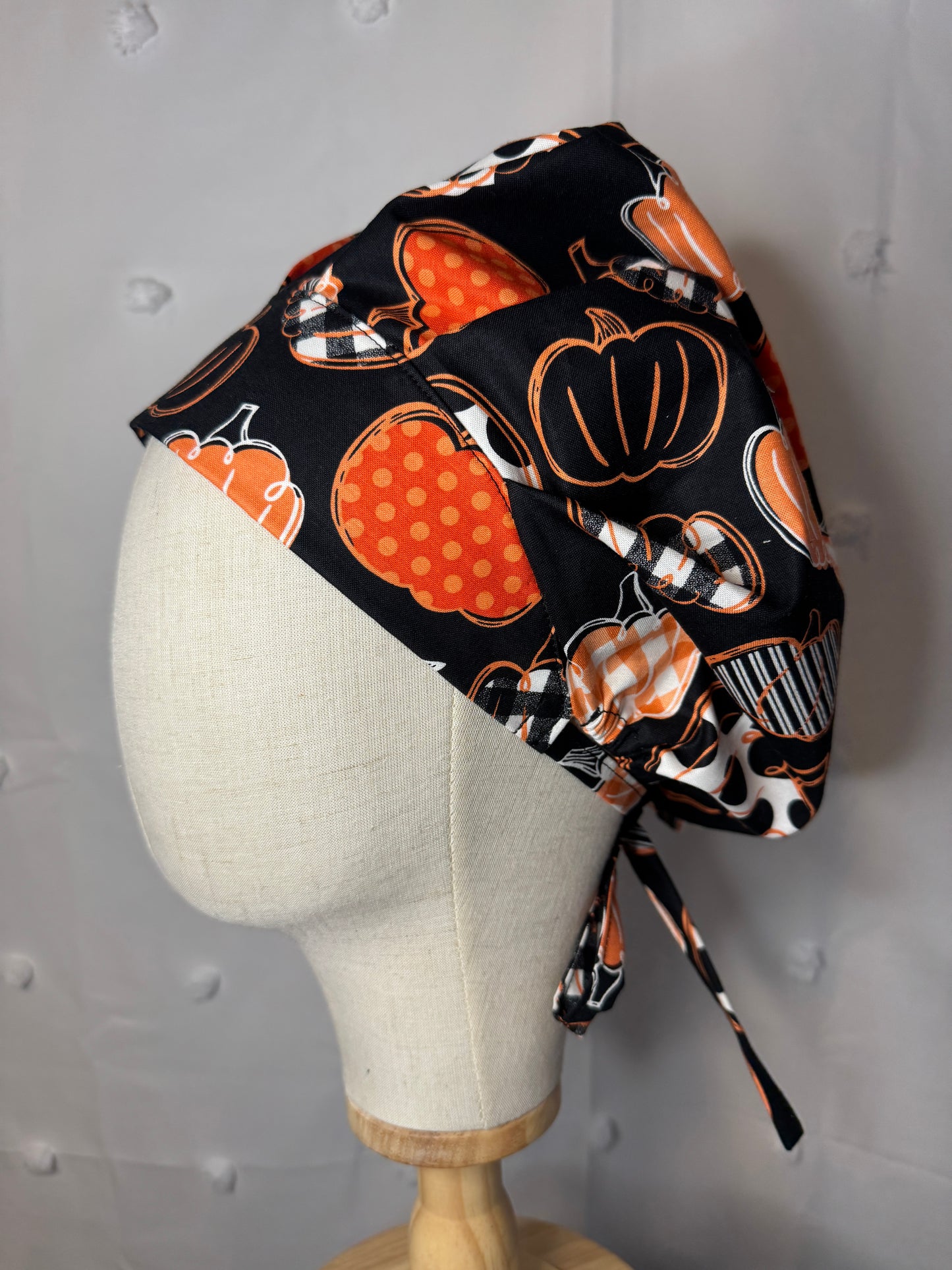 Patchwork Pumpkins On Black Scrub Cap - Satin Lining Available - Multiple Styles