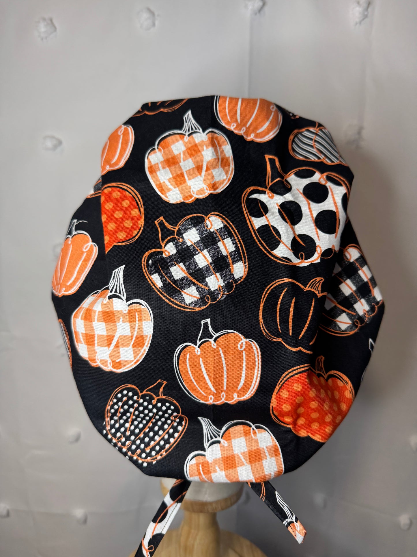 Patchwork Pumpkins On Black Scrub Cap - Satin Lining Available - Multiple Styles