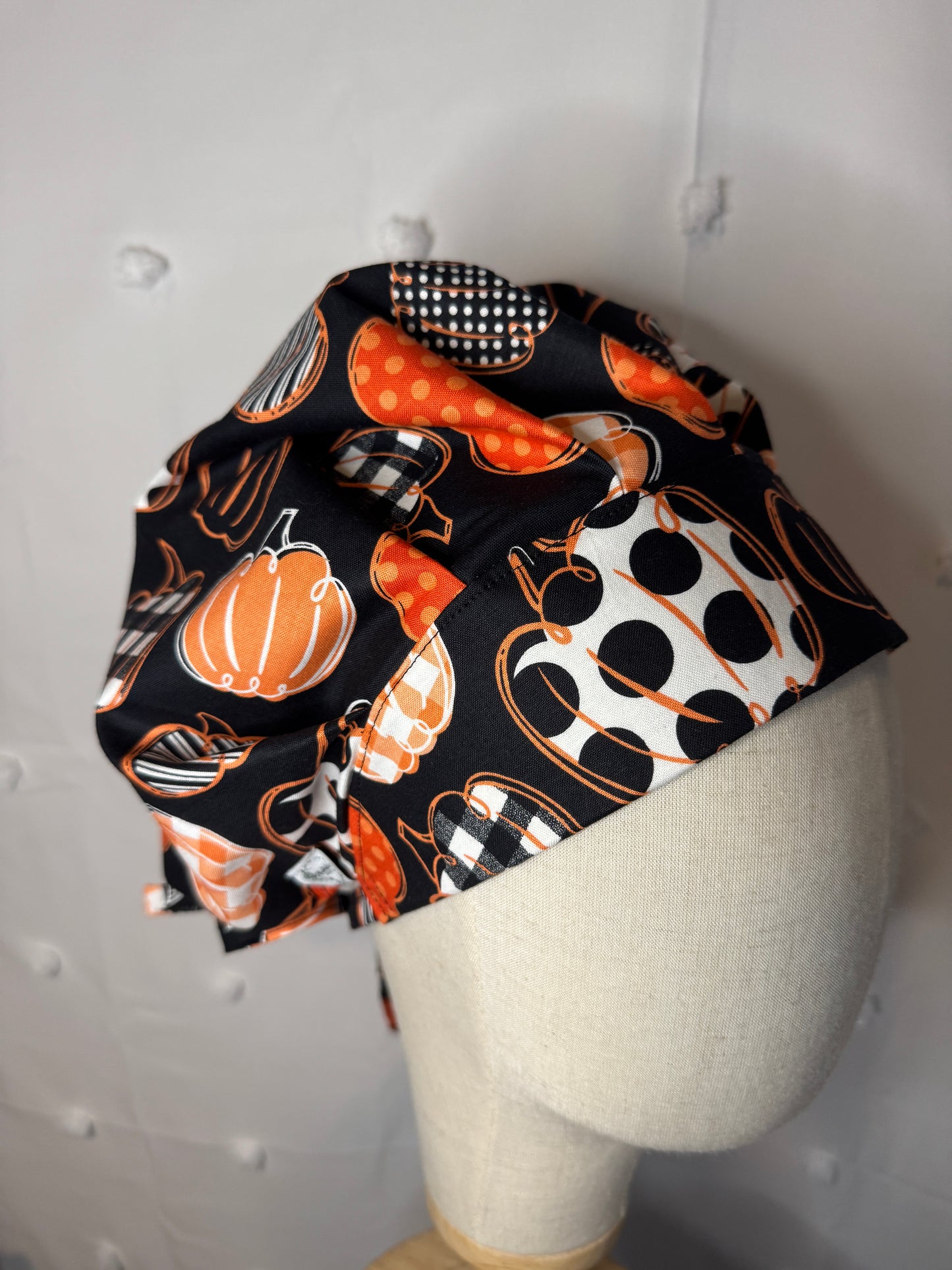 Patchwork Pumpkins On Black Scrub Cap - Satin Lining Available - Multiple Styles