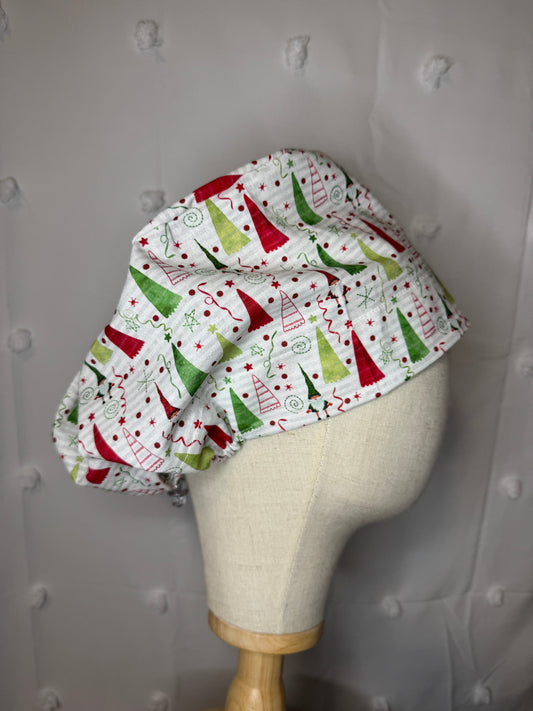 Red & Green Triangle Trees with Gnomes Scrub Cap - Multiple Styles