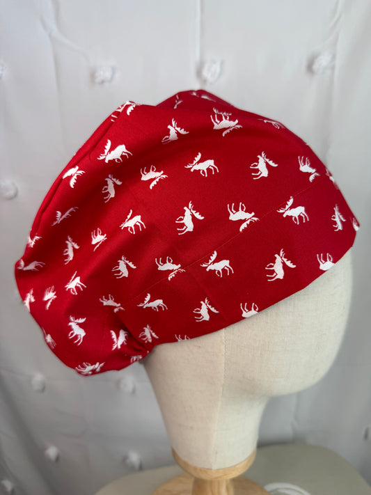 Small White Moose on Red Scrub Cap - Satin Lining Available - Multiple Styles
