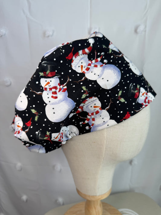 Snowmen on Black Scrub Cap - Satin Lining Available - Multiple Styles