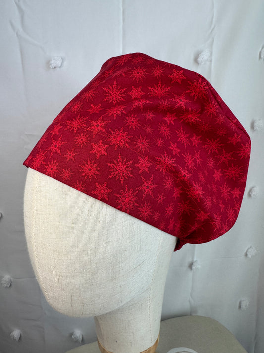 Snowflakes on Red Scrub Cap - Satin Lining Available - Multiple Styles