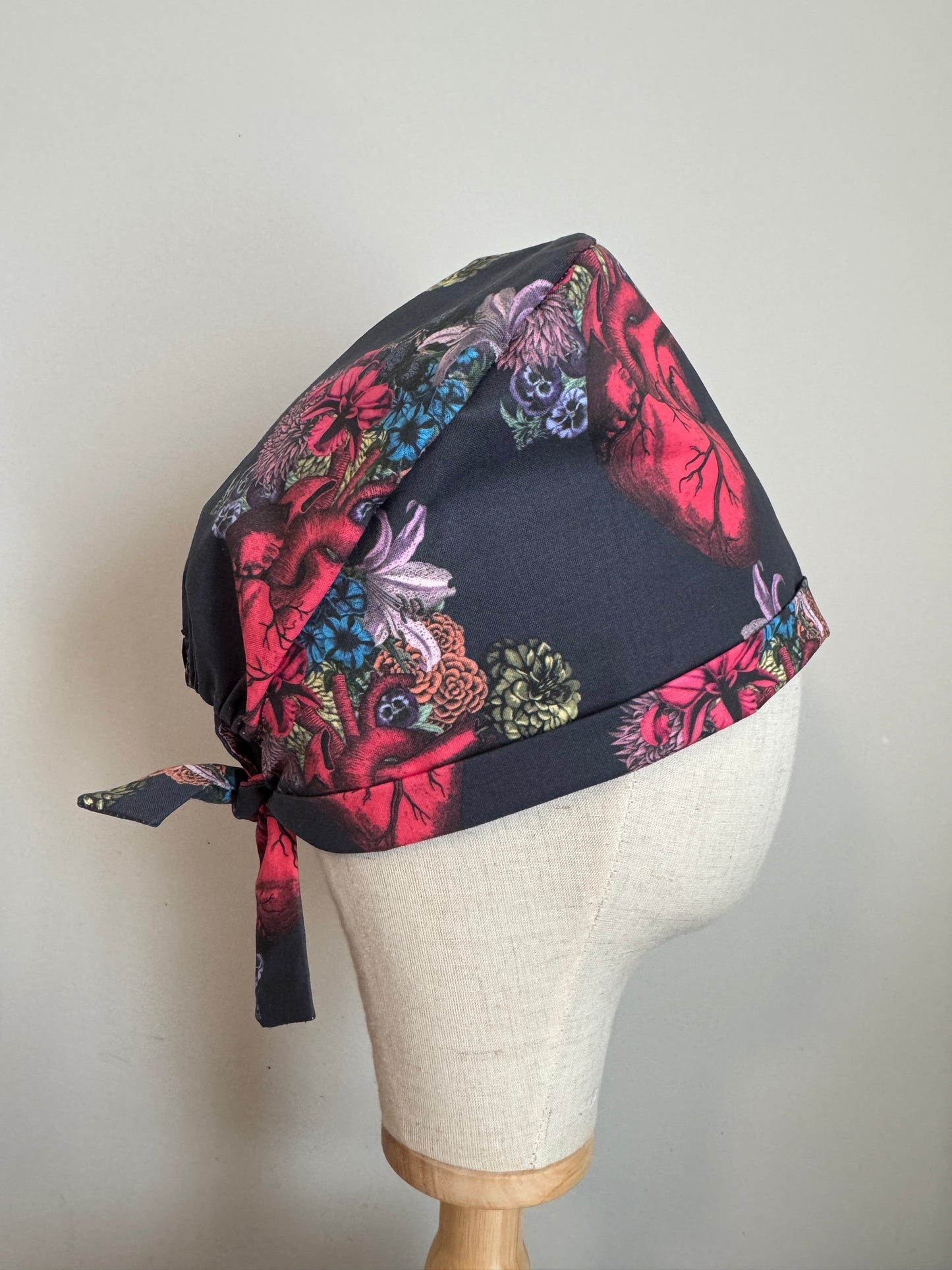 Anatomical Hearts with Floral Scrub Cap - Satin Lining Available - Multiple Styles
