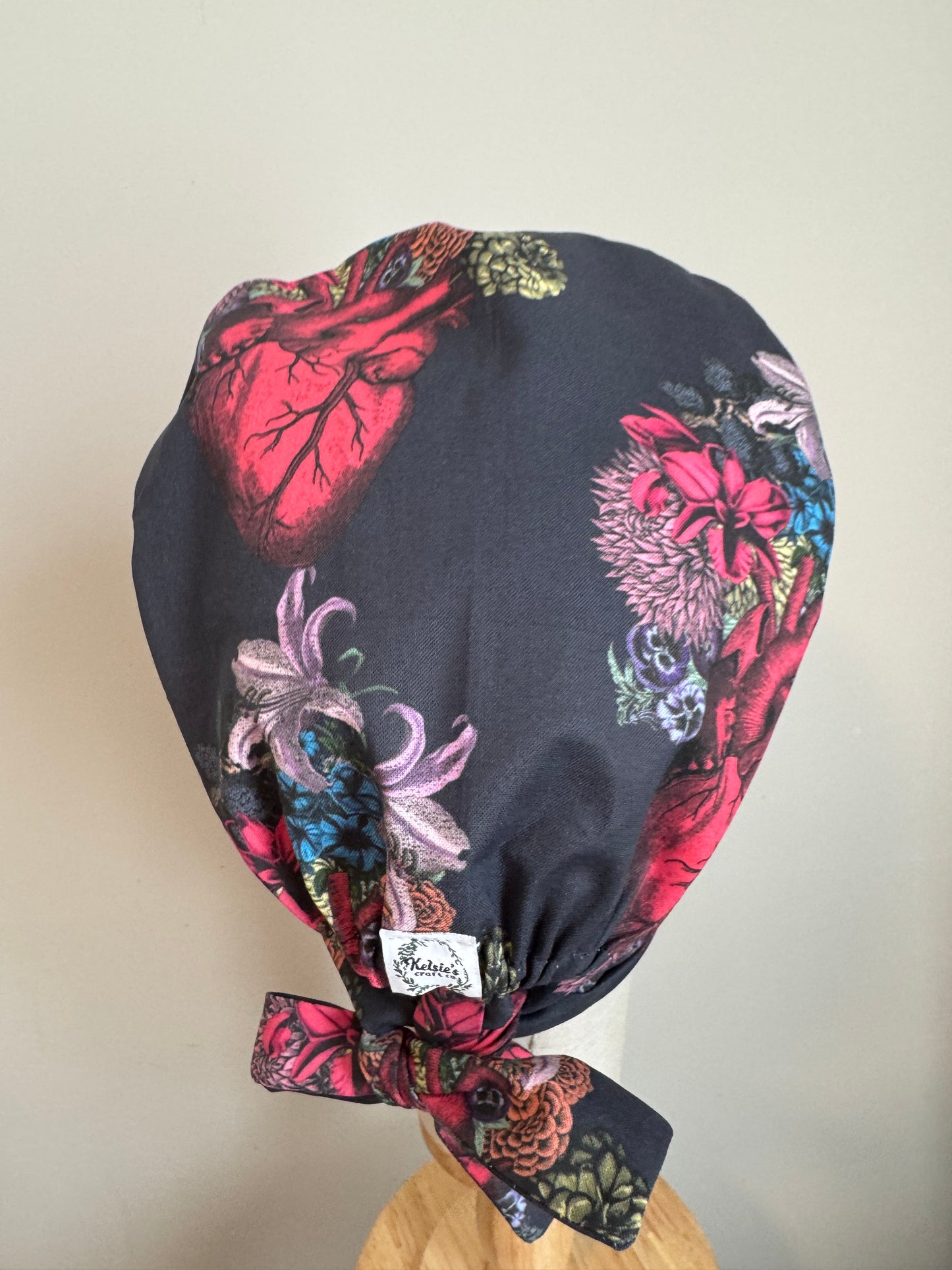 Anatomical Hearts with Floral Scrub Cap - Satin Lining Available - Multiple Styles