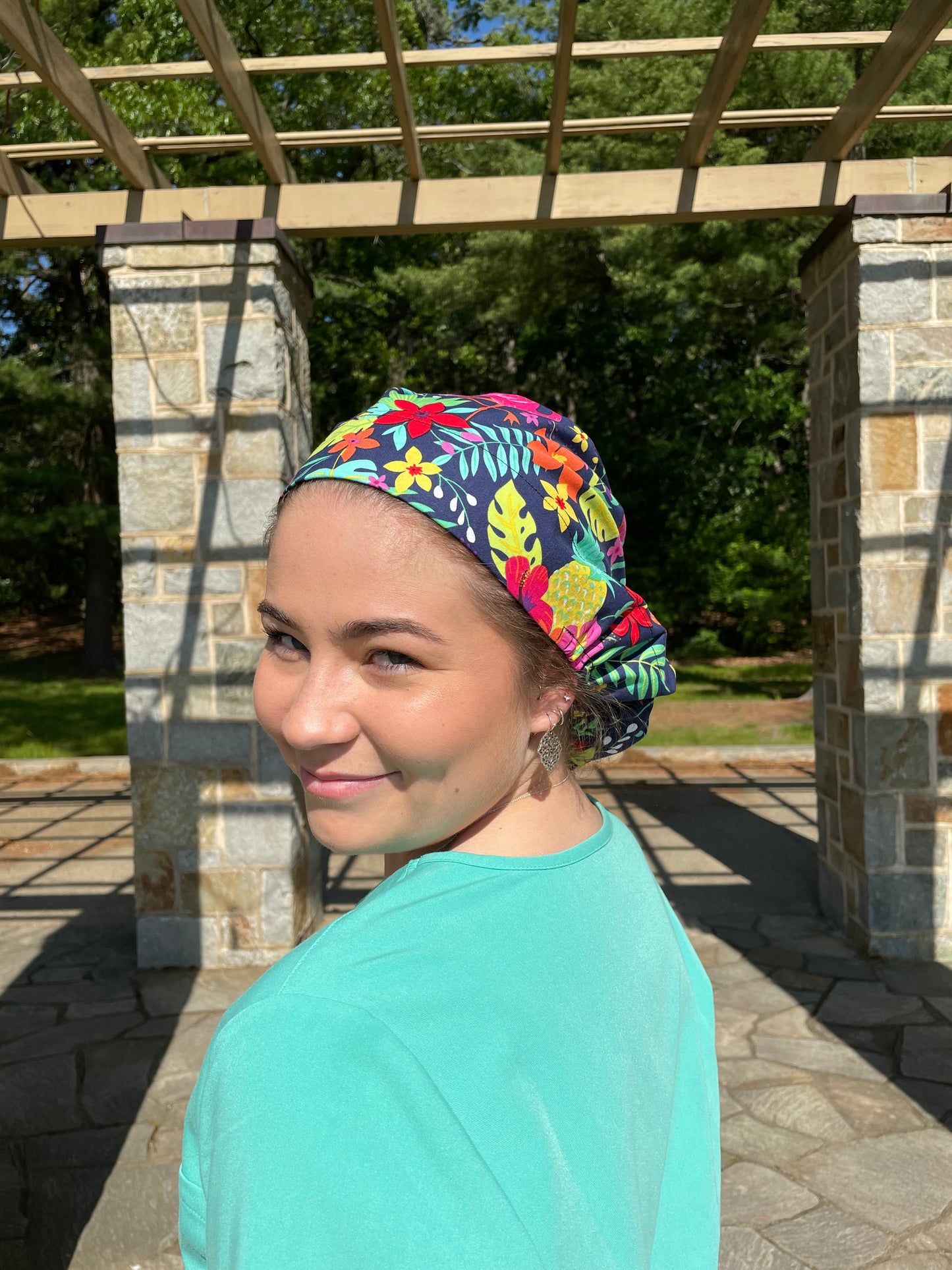 Navy Tropical Scrub Cap - Satin Lining Available - Multiple Styles