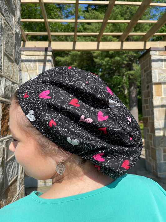 Black Sketched Hearts Scrub Cap - Multiple Styles