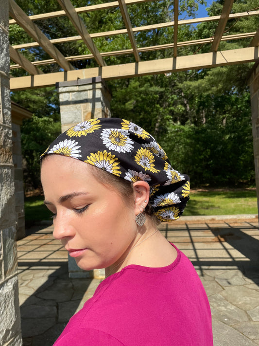 White and Yellow Flowers on Black Scrub Cap - European Style