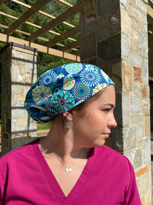 Yellow and Blue Floral Paisley Scrub Cap - Multiple Styles