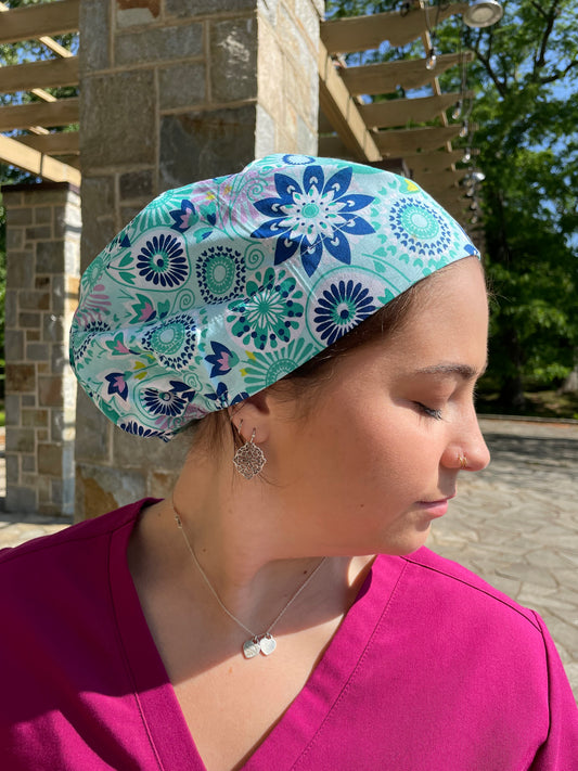 Light Blue Floral Paisley Scrub Cap - Multiple Styles