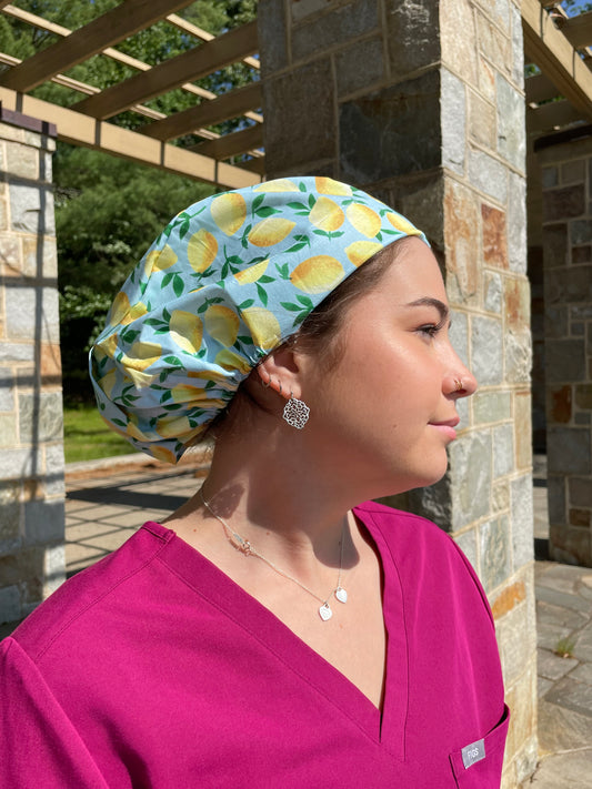 Lemons on Blue Scrub Cap - European Style