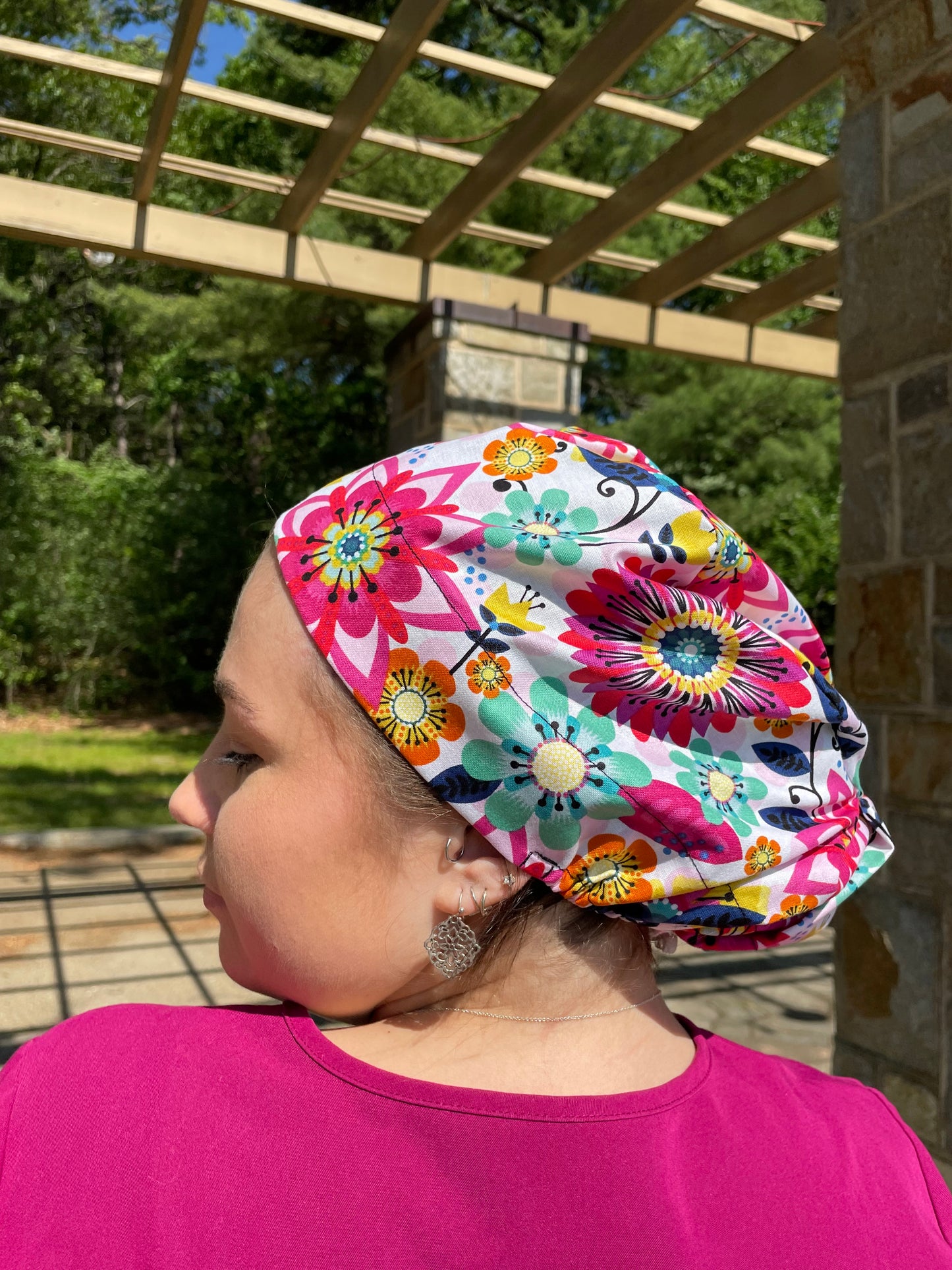 Pink Bright Floral Scrub Cap - Multiple Styles