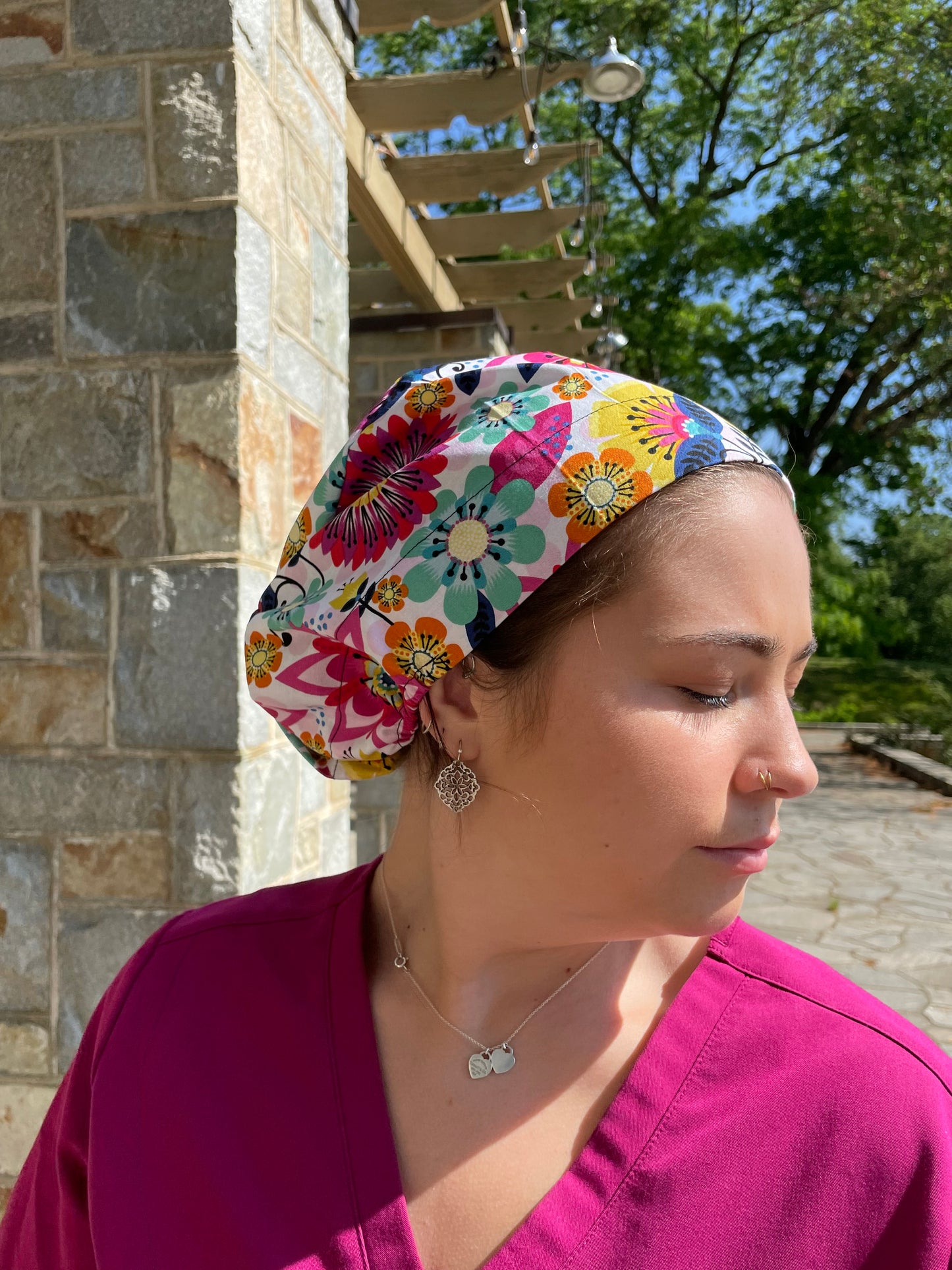 Pink Bright Floral Scrub Cap - Multiple Styles