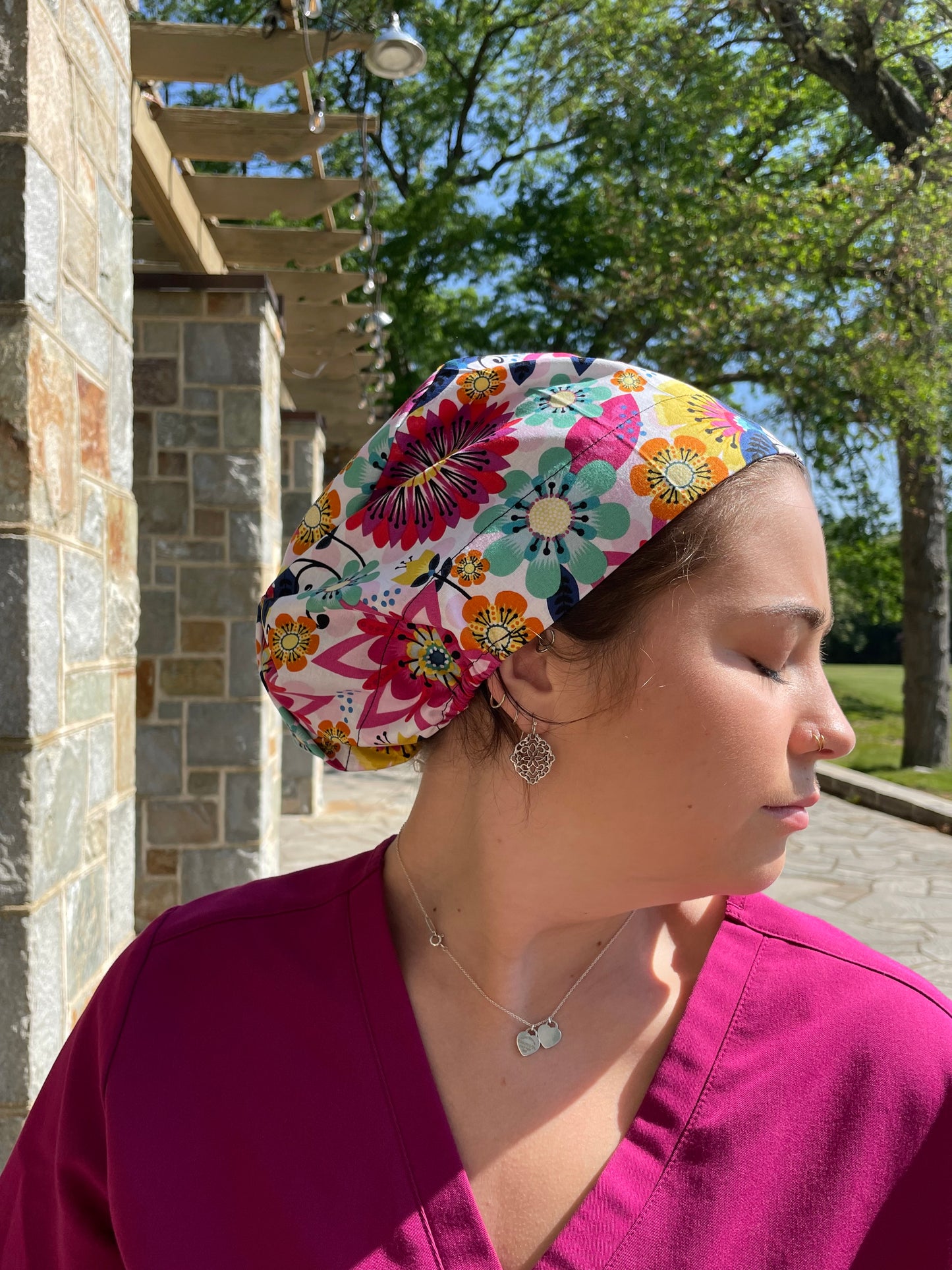 Pink Bright Floral Scrub Cap - Multiple Styles