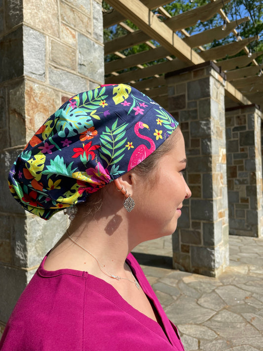Navy Tropical Scrub Cap - Satin Lining Available - Multiple Styles