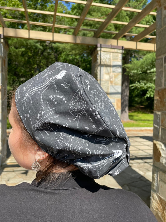 Sketched Anatomy on Black Scrub Cap - Satin Lining Available - Multiple Styles