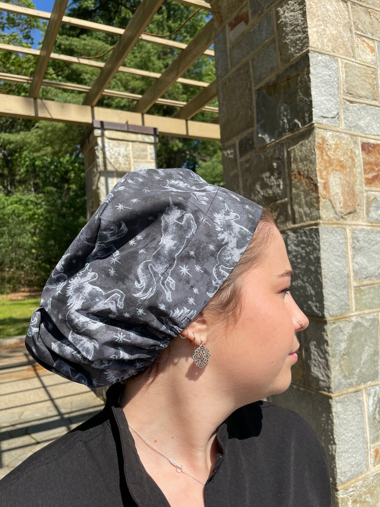 Unicorns on Black Scrub Cap - Satin Lining Available - Multiple Styles