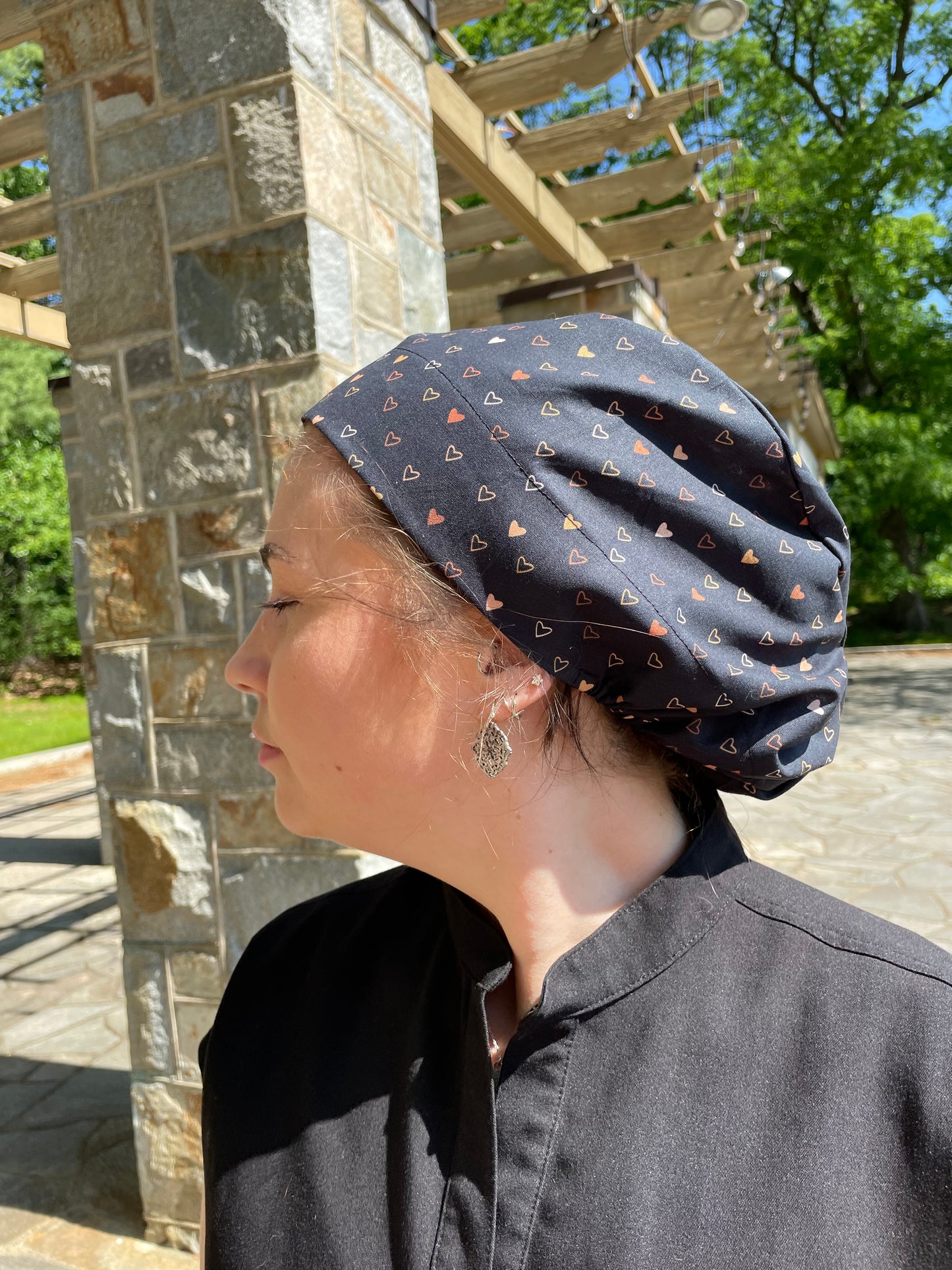 Mini Hearts on Black Scrub Cap - Satin Lining Available - Multiple Styles*