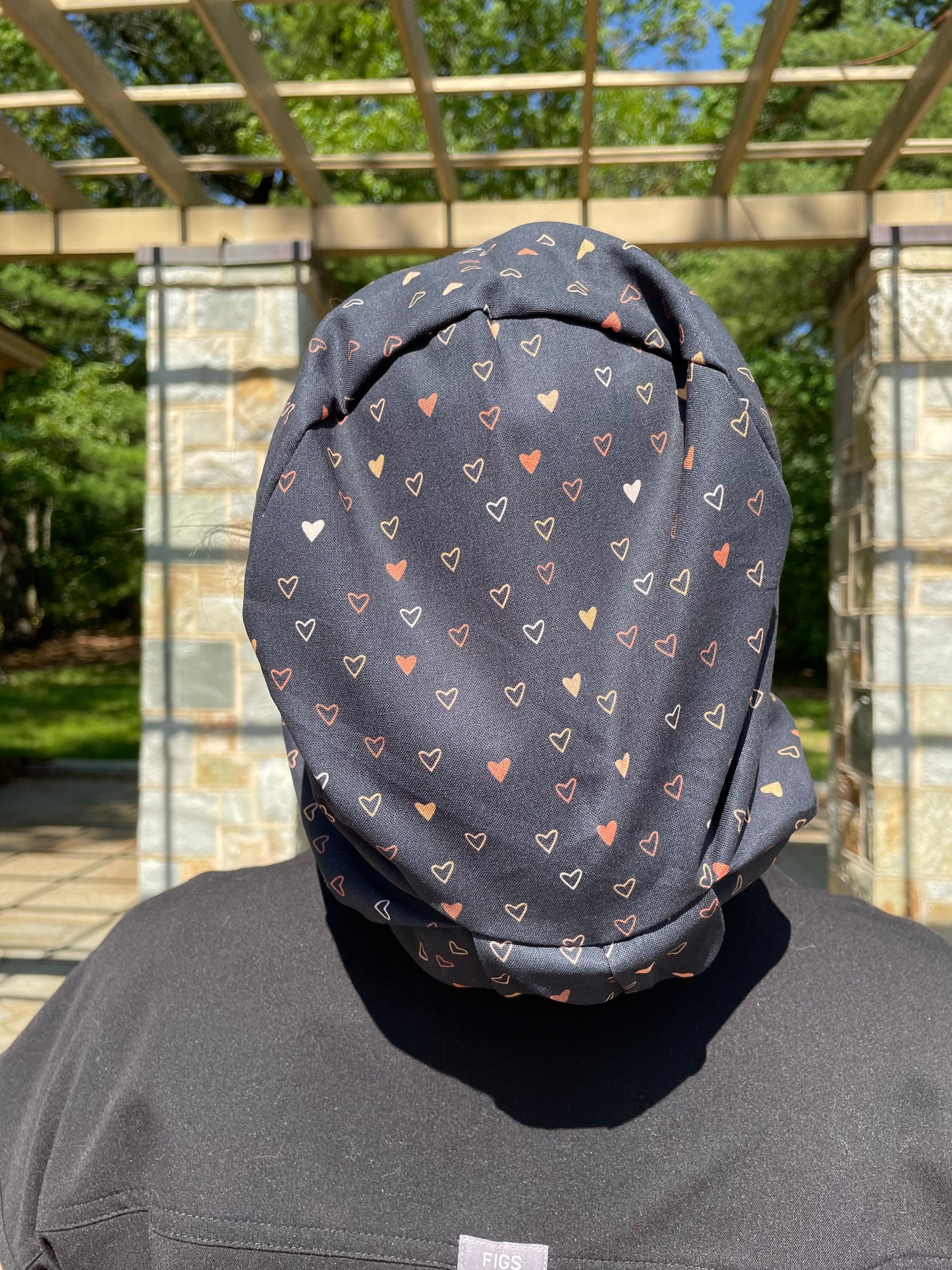Mini Hearts on Black Scrub Cap - Satin Lining Available - Multiple Styles*