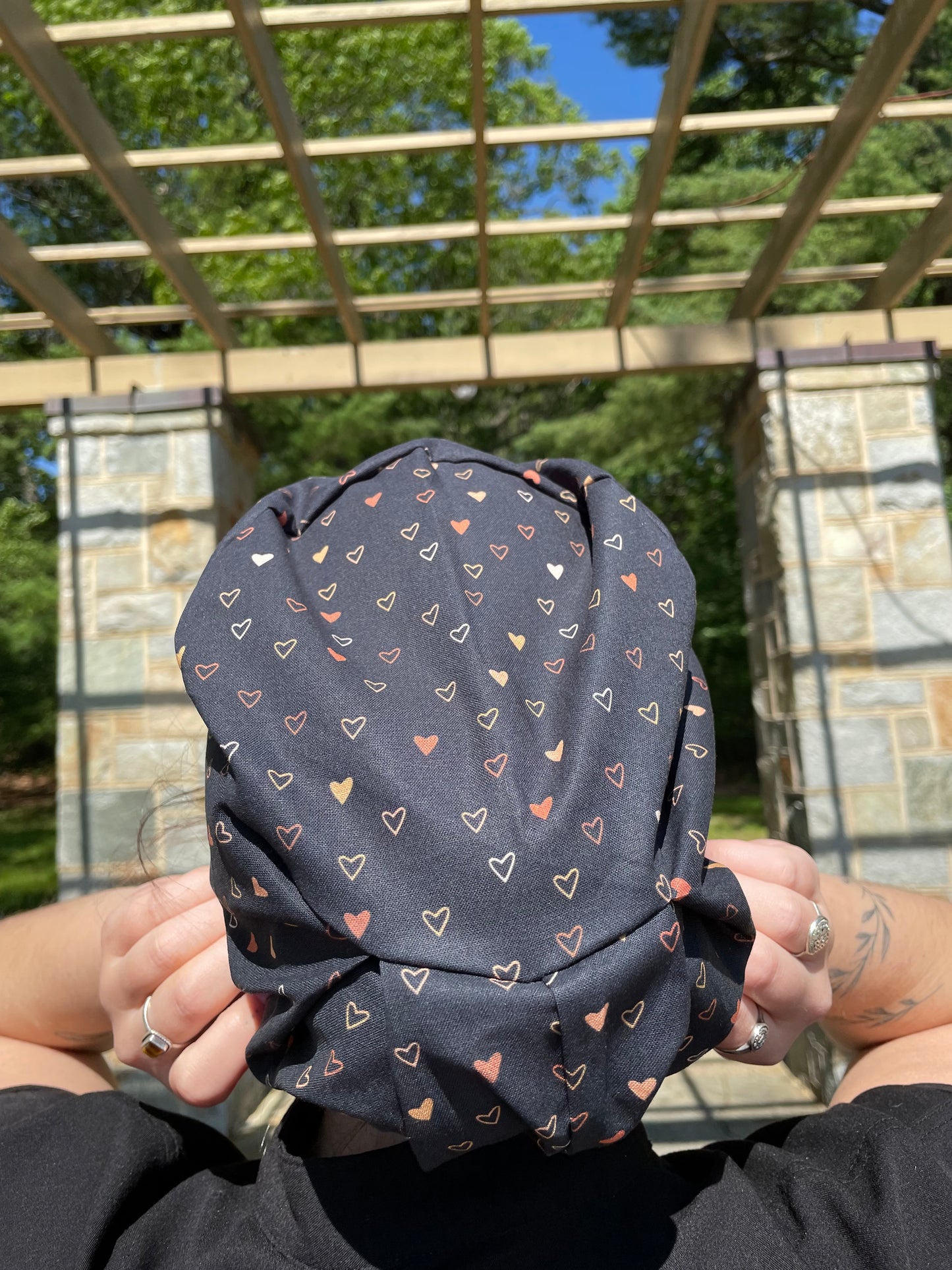 Mini Hearts on Black Scrub Cap - Satin Lining Available - Multiple Styles*