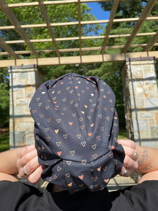 Mini Hearts on Black Scrub Cap - Satin Lining Available - Multiple Styles*
