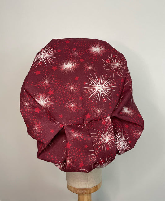 Fireworks on Red Scrub Cap - European Style