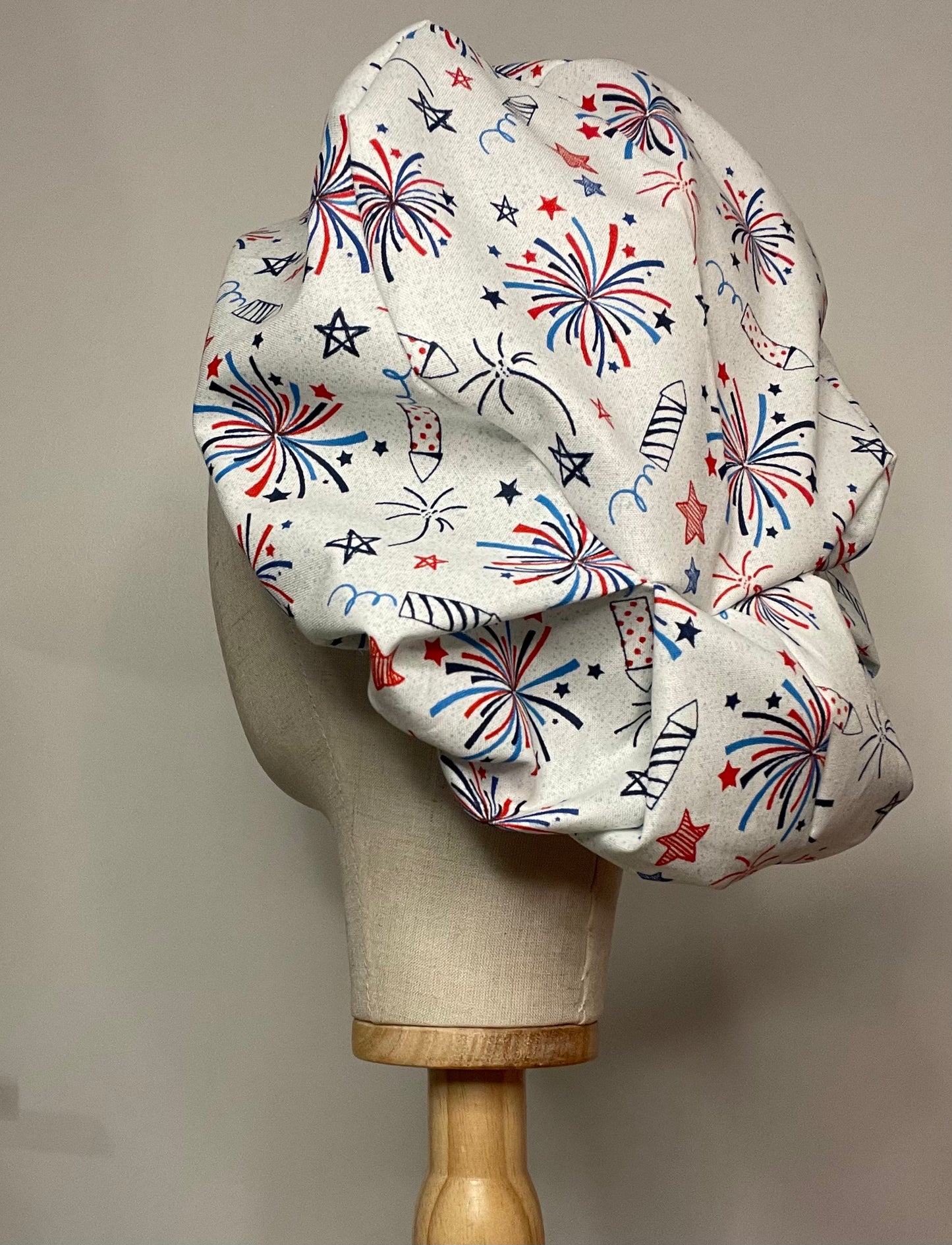 Fireworks on Light Blue Scrub Cap - Satin Lining Available - Multiple Styles