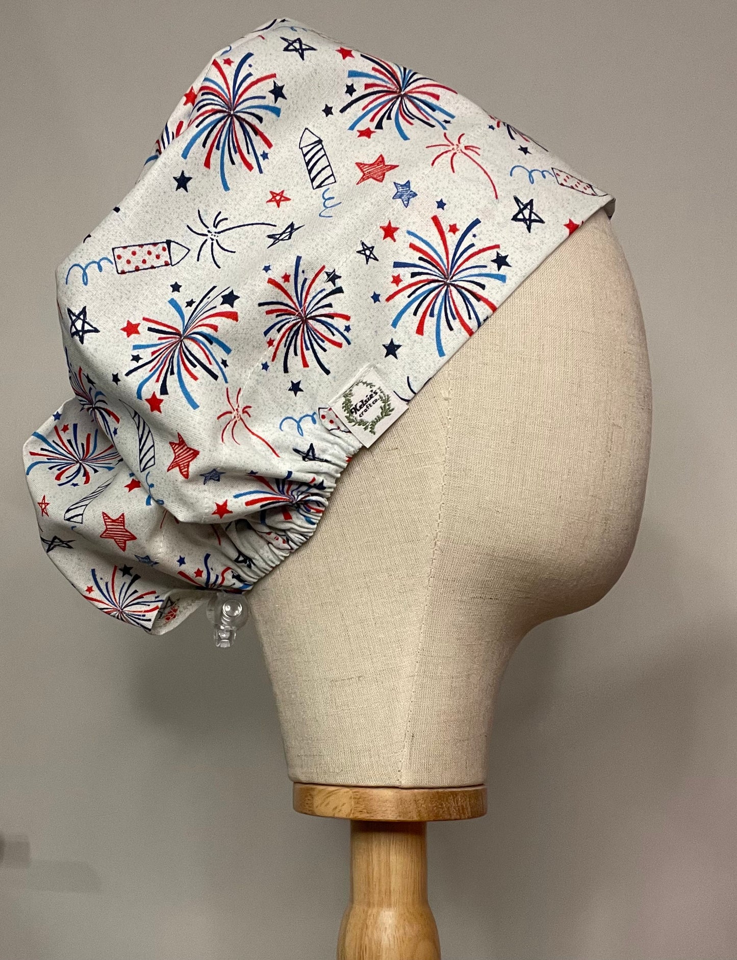 Fireworks on Light Blue Scrub Cap - Satin Lining Available - Multiple Styles