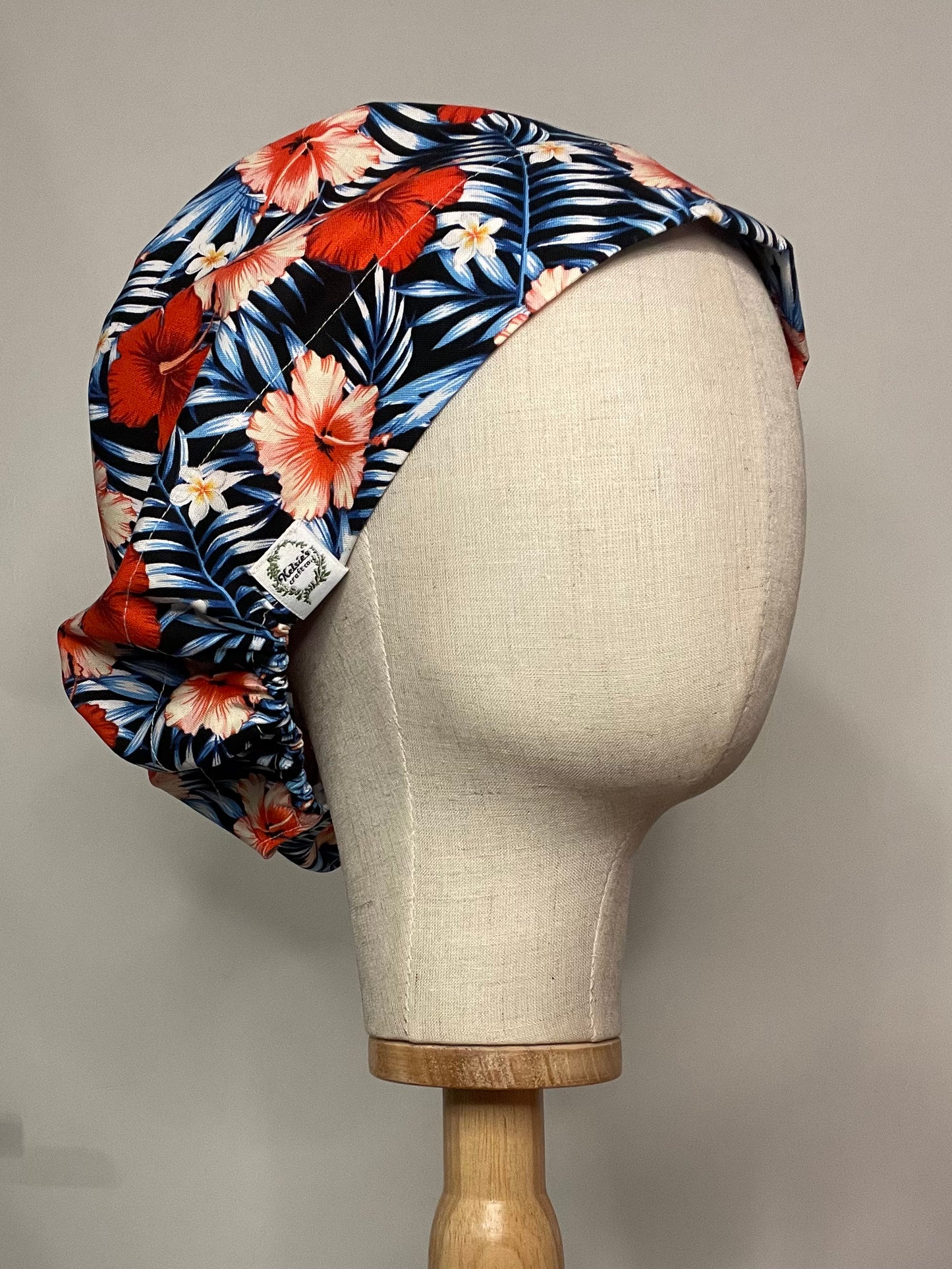 Red, White & Blue Hibiscus Scrub Cap - Satin Lining Available - Multiple Styles