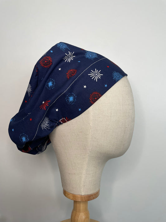 Fireworks on Blue Scrub Cap - Satin Lining Available - Multiple Styles