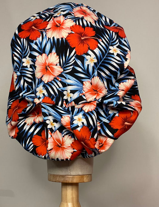 Red, White & Blue Hibiscus Scrub Cap - Satin Lining Available - Multiple Styles