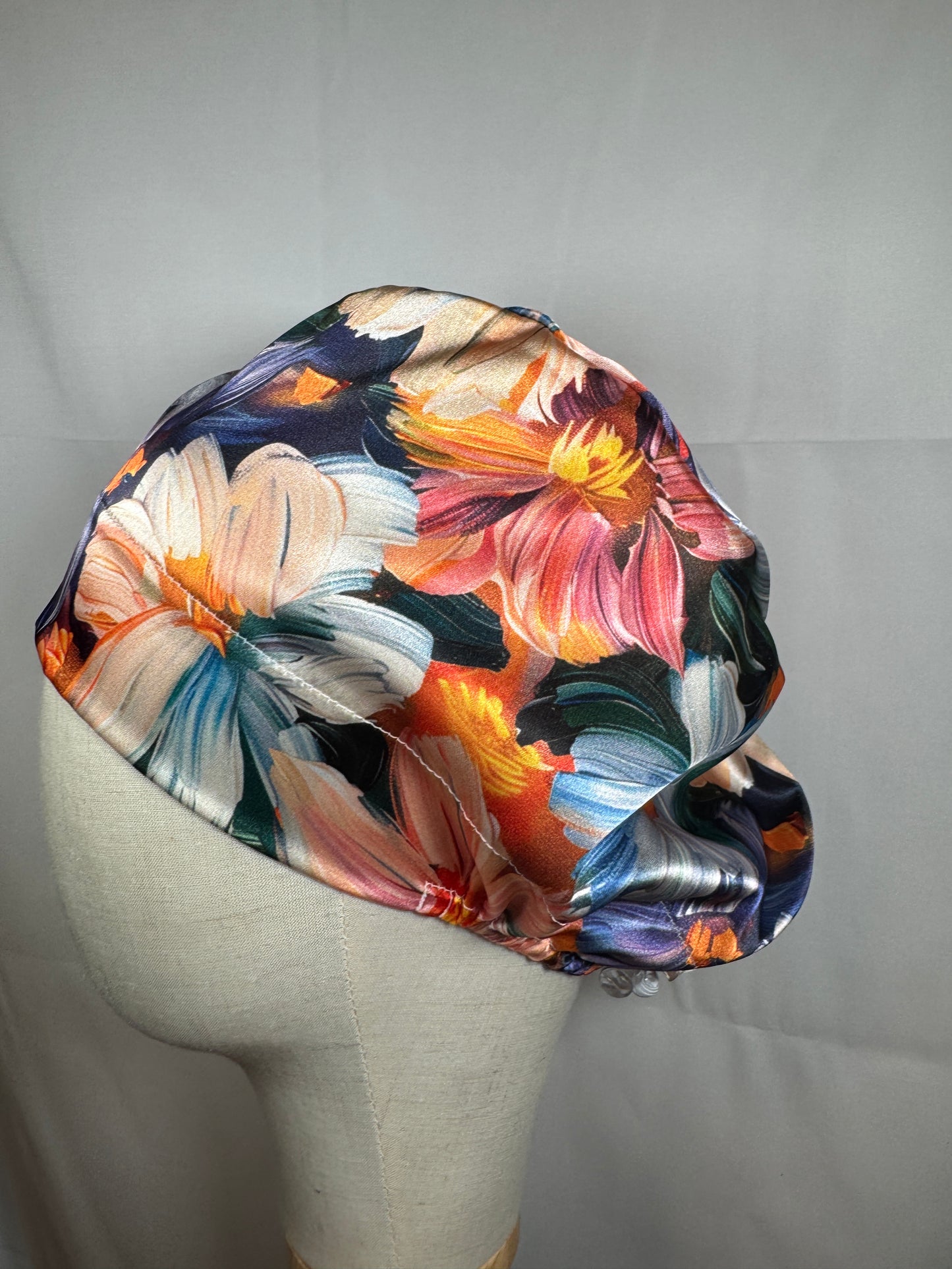 Painted Floral Silky Satin Charmeuse Scrub Cap - European Style