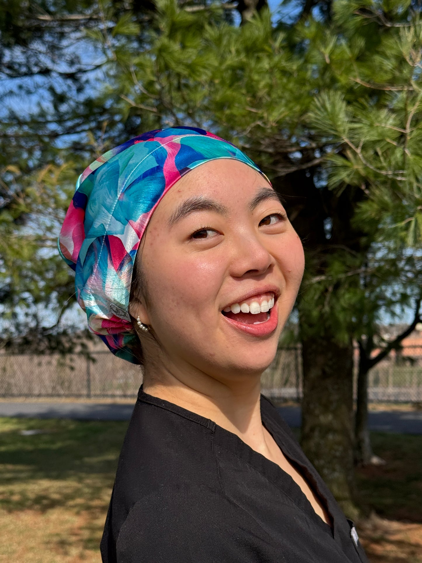 Bright Petals Silky Satin Charmeuse Scrub Cap - European Style
