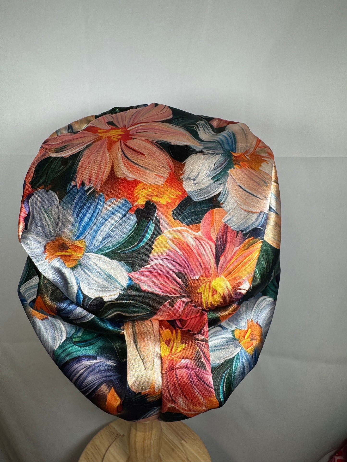Painted Floral Silky Satin Charmeuse Scrub Cap - European Style