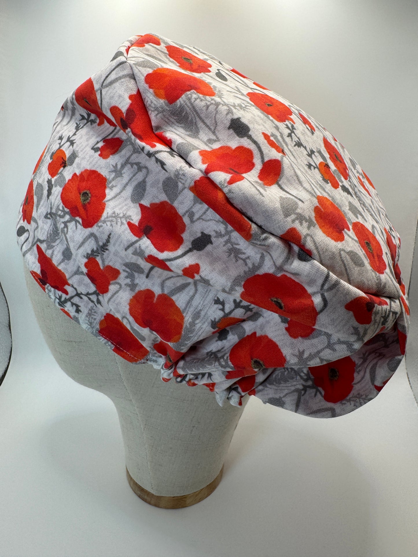 Poppies on White Scrub Cap - Satin Lining Available - Multiple Styles
