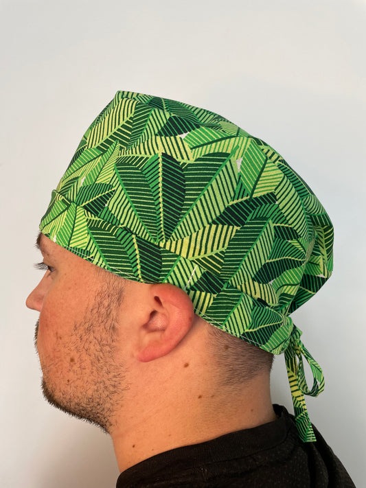 Green Tropical Leaves Scrub Cap - Unisex Tie