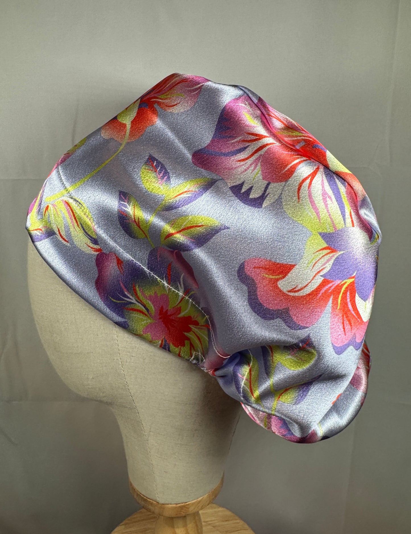 Light Purple Floral Textured Satin Charmeuse Scrub Cap - European Style